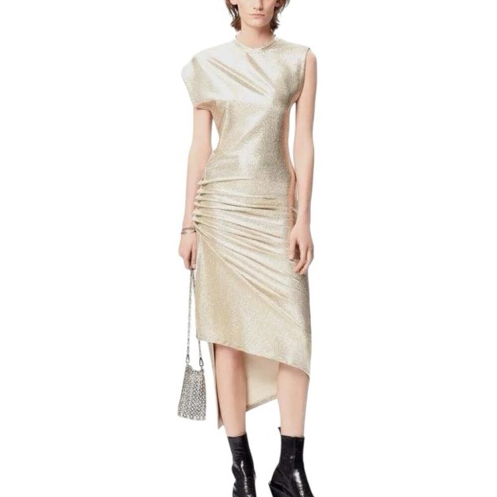 Paco Rabanne Short Sleeve Metallic Gold Drape Short Dress Size 2 Luxury